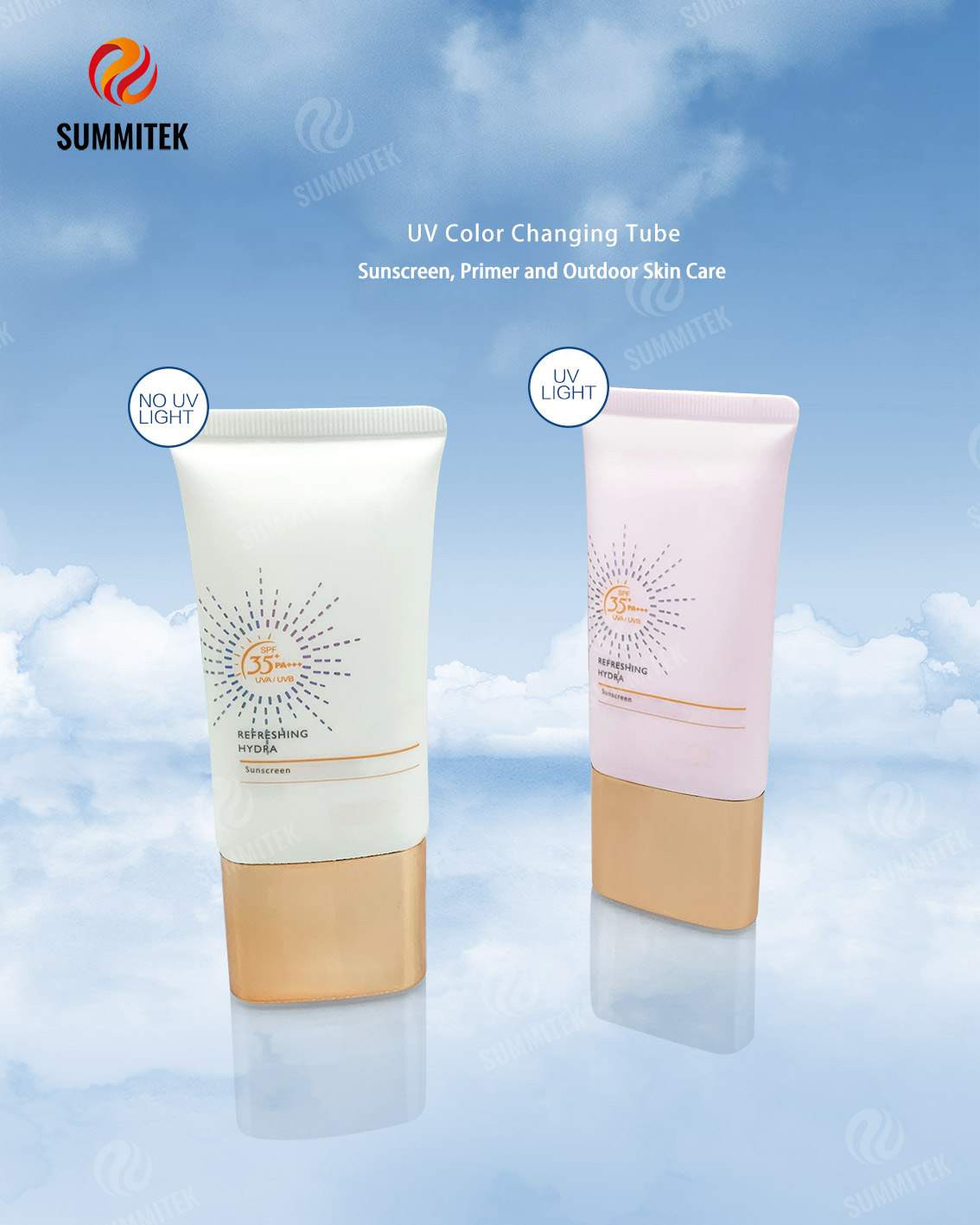 Tubos cosm&eacute;ticos que cambian de color UV con boquilla larga para protector solar y cuidado solar