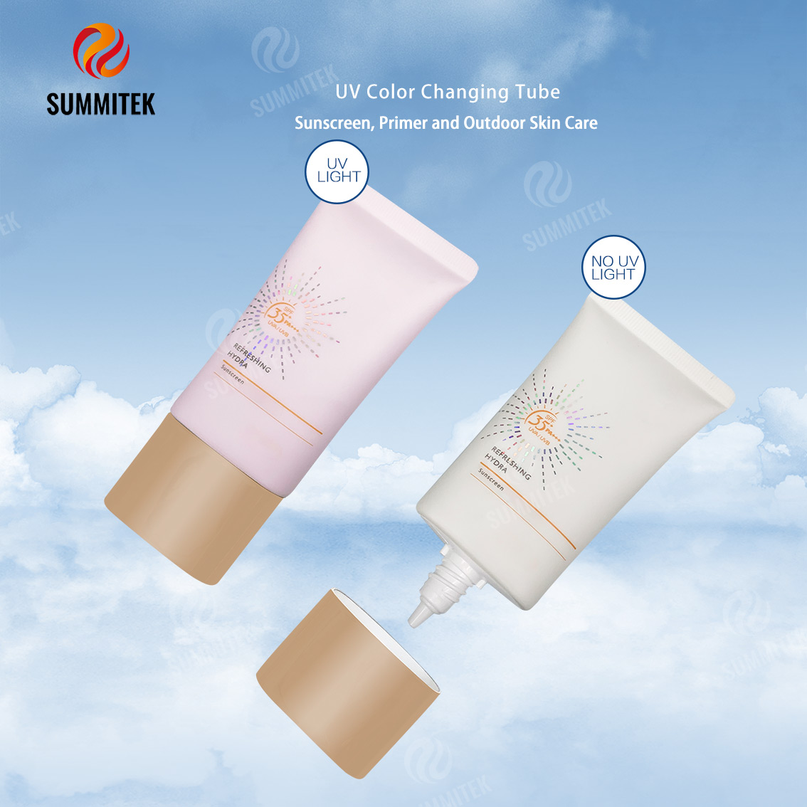 Tubos cosm&eacute;ticos que cambian de color UV con boquilla larga para protector solar y cuidado solar