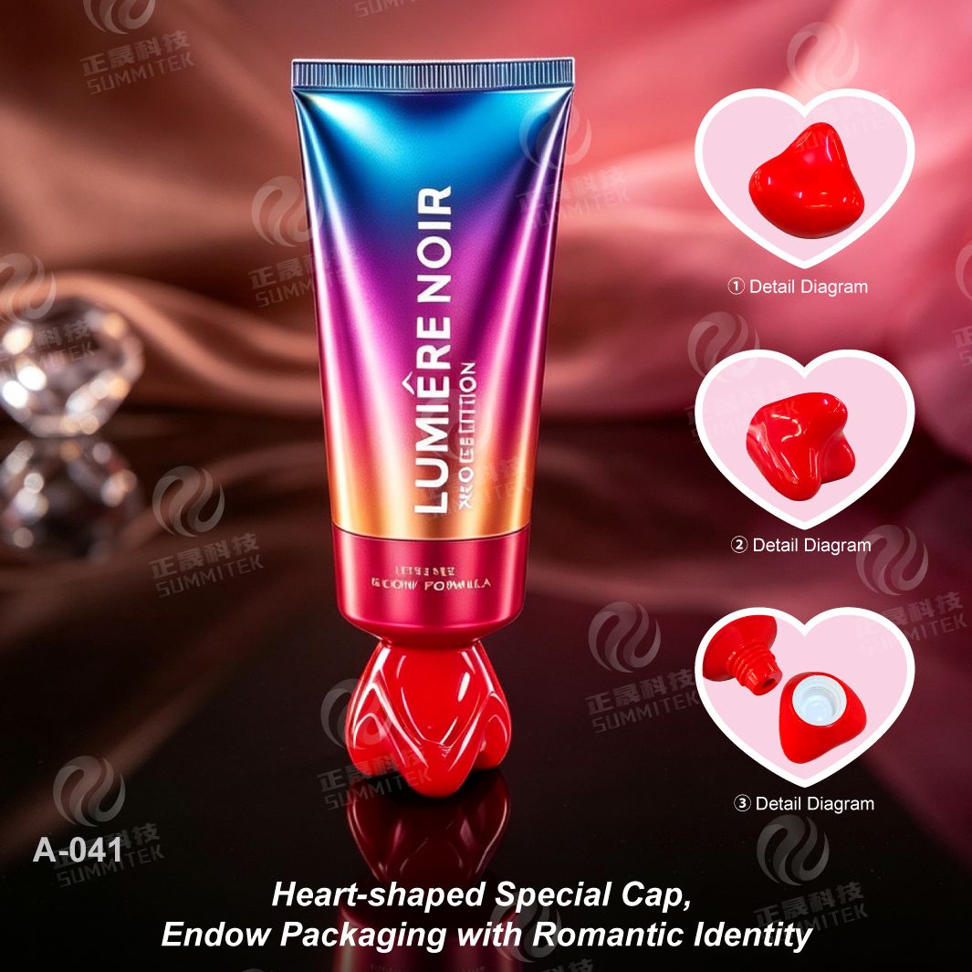 Tubo con tapa especial en forma de coraz&oacute;n | Envase cosm&eacute;tico iridiscente degradado