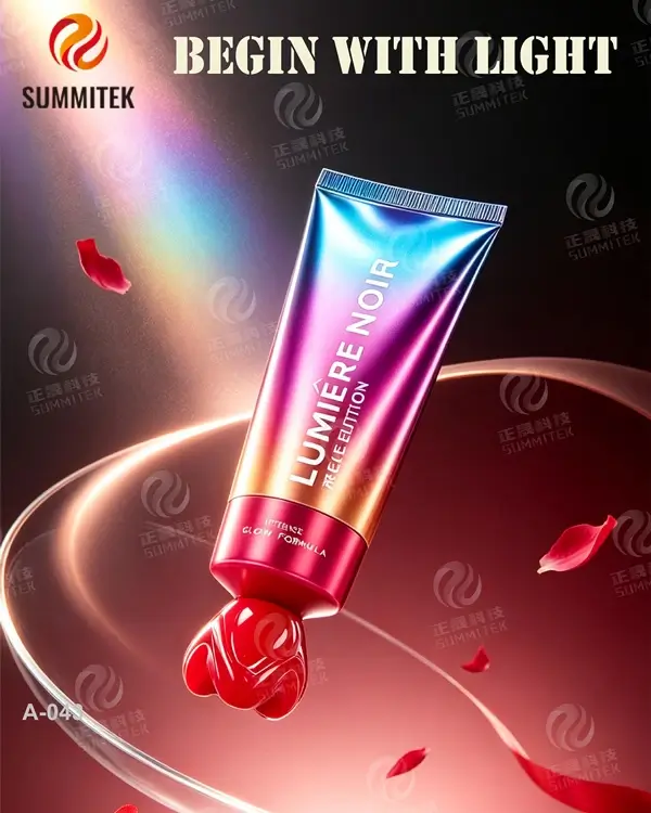 Tubo con tapa especial en forma de coraz&oacute;n | Envase cosm&eacute;tico iridiscente degradado